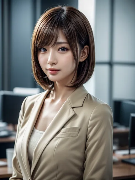 Highest quality, Realistic, Very detailed, finely, High resolution, 8k, Cinema Lighting, 1 person, Beautiful Japanese Women, 30 years old, light brown straight bob hair, Wear a business suit, (Blurred Background, office, noon, Light of the sun), Sharp focu...