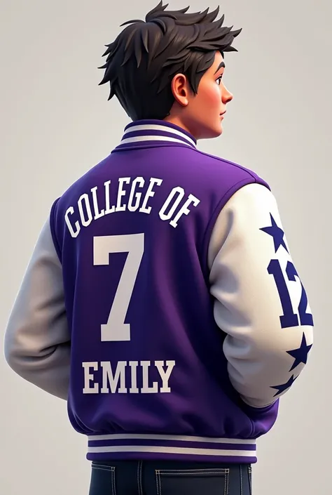 Create an image of a college jacket with the words COLEGGE OF on the back with the number seven in large letters and EMILY underneath., on the right sleeve put 3 stars and on the other put the number 121 in realistic purple and white colors