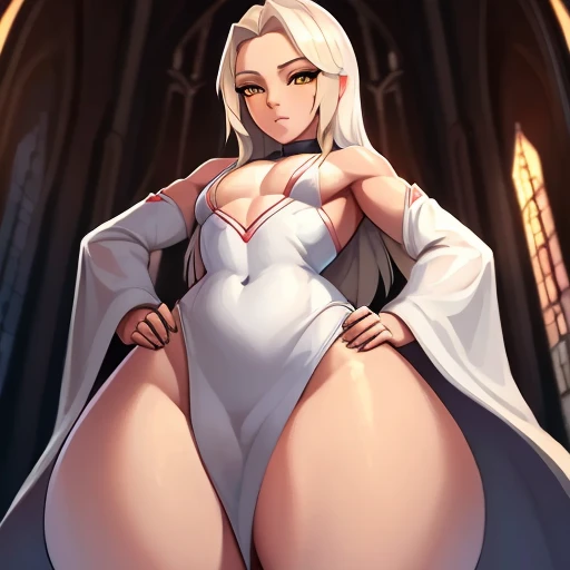 flat chest, massive hips, hyper thighs, hyper ass, femboy, staring lustfully, androgynous, pale skin,((extremely long platinum blonde hair)), golden eyes, white robes,((masterpiece)), cathedral background, looking down at viewer seductively, hands on hips,...