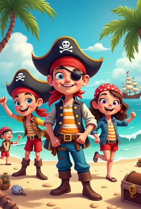 Girls and boys pirates stand cartoon