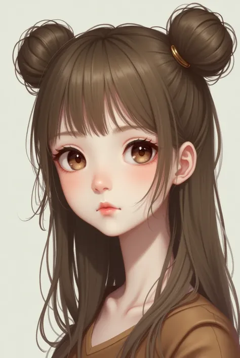 Realistic image of  girl with long and slightly wide face, the wide jaw part, white skin with bangs and long, light brown, loose hair, brown eyes and a little small, slightly wide nose and thin lips, big buns