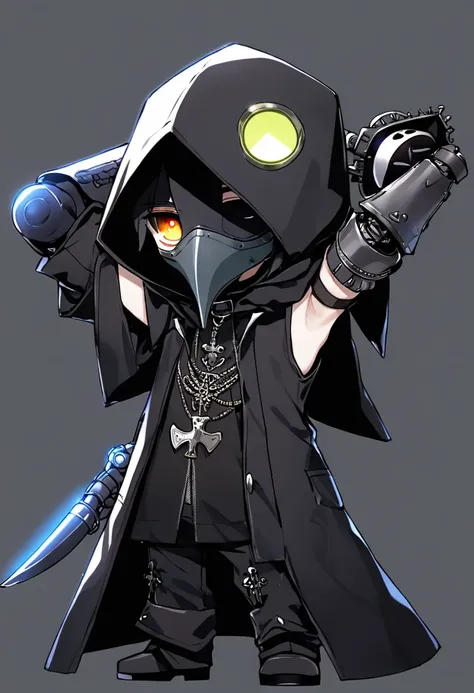 (masterpiece, best quality),pop-style, (ultra-detailed),(A boy),(arms behind head and show him armpit:1.3), BREAK (tchibi-boy,(wearing plague-doctor costume,plague-doctor mask),eyes glow jewel ,black hood,black lab-coat, mecha arm,),simple background,