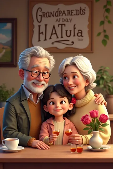 An image with grandmothers and a grandfather with their granddaughter and their elderly daughter and a large sign and their house with paintings and a table where there is a rose and glasses of tea and a sign that says Happy Grandparents&#39; Day 