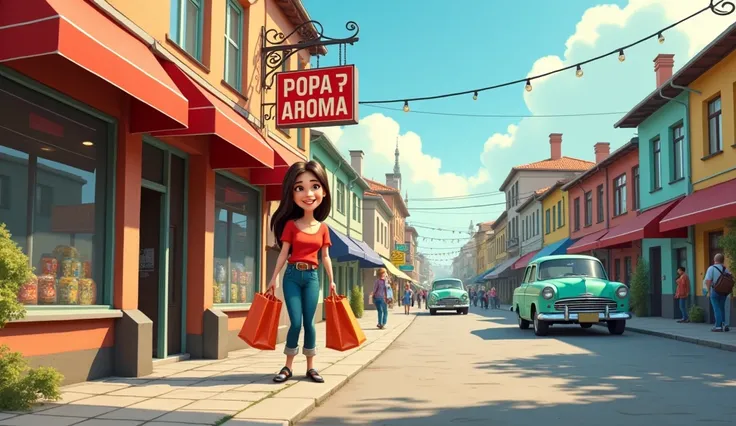 Cartoon in Pixar style, street of a soviet provincial town in the 70s, woman with two shopping bags at the entrance with a sign in Russian "shop"