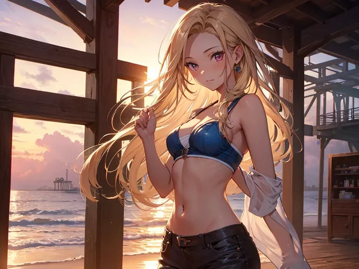 Summer pier:1.5, sunset, Shower, Android 18, (masterpiece), highest quality, 1girl, uhd, retina, masterpiece, ccurate, anatomically correct, textured skin, super detail, high details, high quality, best quality, highres, 4K