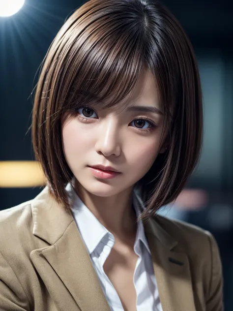 Highest quality, Realistic, Very detailed, finely, High resolution, 8k, Cinema Lighting, 1 person, Beautiful Japanese Women, 30 years old, light brown straight bob hair, Wear a business suit, (Blurred Background, office, noon, Light of the sun), Sharp focu...