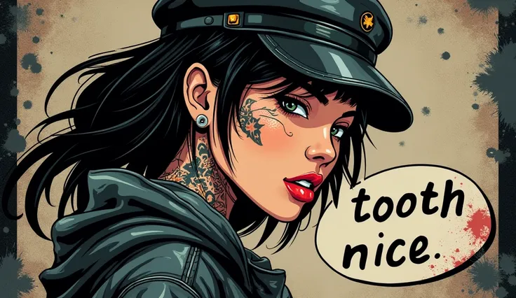 Asian Female Rappers, very cute, face_Tattoo, Side view, action, comics, Album cover, "tooth", 手紙にはtooth NICEと書いてある, Album cover, dark, Sturmhaube, Comic book style, gang, Techwear outfit, dynamic, faceにもTattooあり,