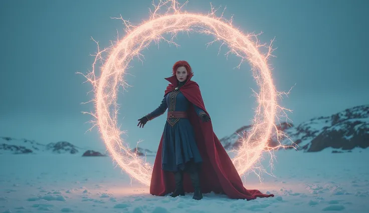 Image haute qualité, HD, 16K, photo realistic, une femme Scarlett Johansson, short red hair, petite mèche devant les yeux, habiller comme dans le costume de Doctor Strange. Decorate the North Pole. Elle crée un cercle magical qui crépite, étincelante comme...