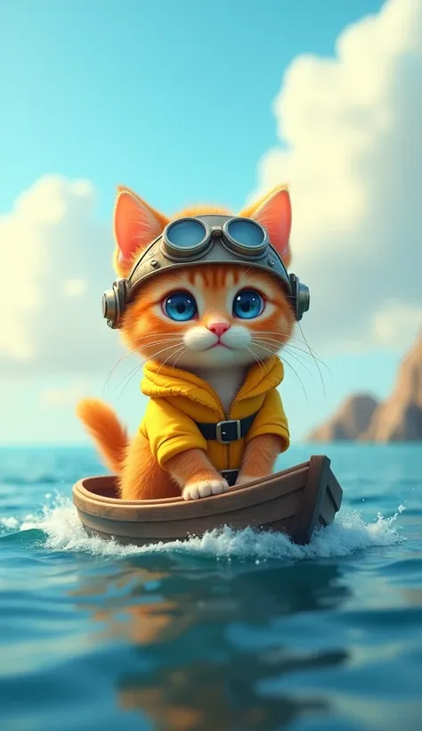 An orange-furred kitten with big blue eyes, wearing a bright yellow life jacket and small waterproof boots. is in a small boat sailing on the calm blue sea, wearing an antique silver divers hat on his head. The sky was bright with soft white clouds, while ...