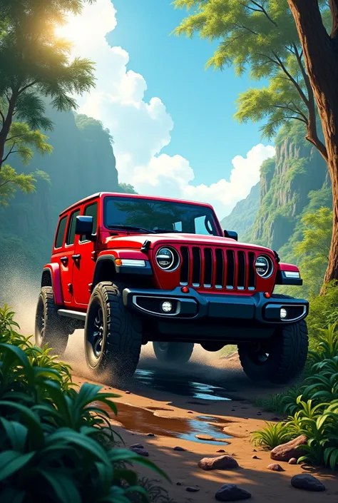 Jeep Wrangler、red、jungle、blue sky