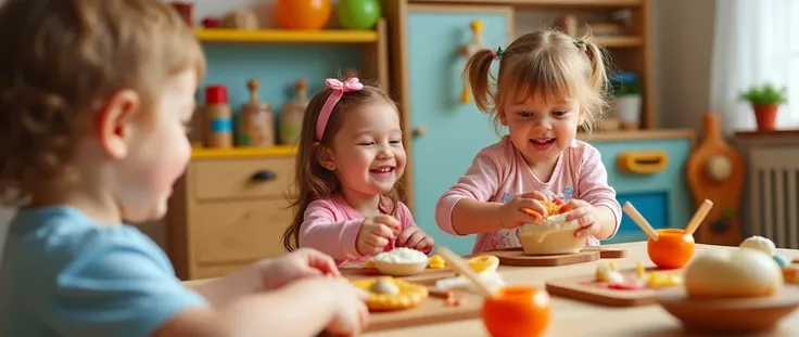 
happy children playing with mdf childrens kitchen