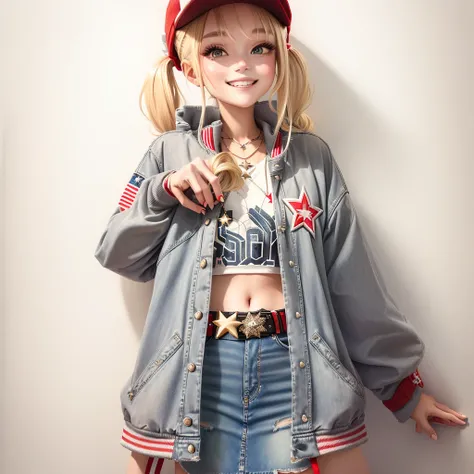 Blonde hair in pigtails with a cap worn backwards, red and white varsity jacket with star patch, gray crop top with smile text, denim skirt with Angel text belt, standing pose, necklace, casual and trendy look, bright and clean background.