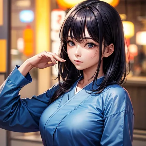 woman,Japanese,Blue Shirt,No sleeve,Realistic details, High resolution,Bokeh,Excellent details