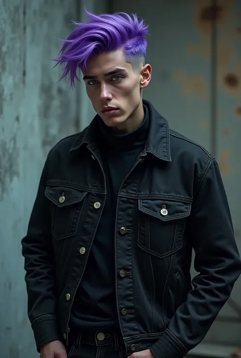 A guy who have blue eyes, purple hair Sharp nose and jawline black denim jacket and jeans 