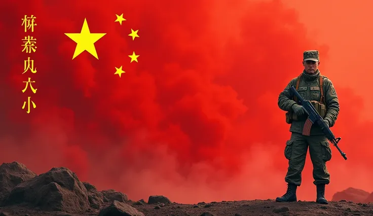 (The background is the entire,The map is red，On the left is the five-star red flag) (A Chinese man in camouflage uniform holding an AK47 submachine gun)(On the left side of the picture"If there is a war,Must return when summoned!",The font must be strong a...