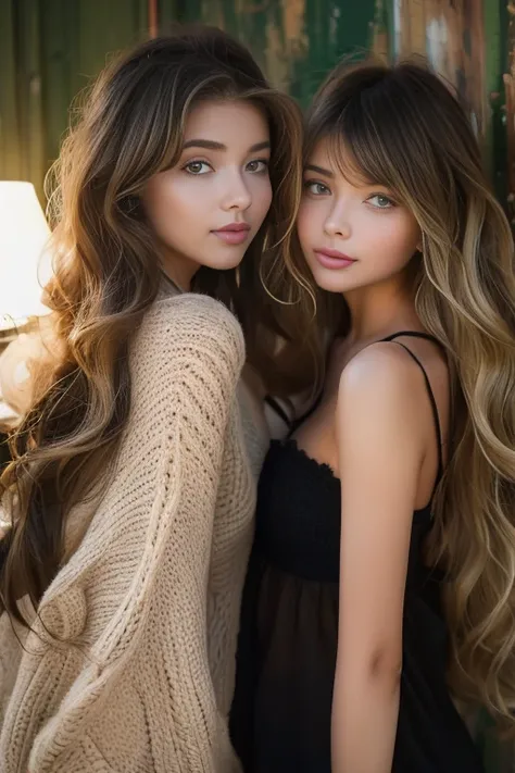 Two Women，Blonde, wavy, super long hair，loose bangs，Black hair crop，