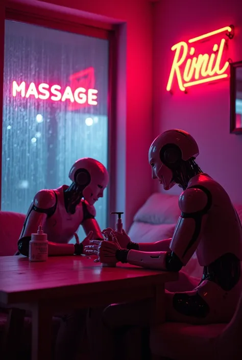 man in a late night massage parlor ran by sexy Ai robot girls, seedy atmosphere, neon lights outside, rain on window, table with baby oil, hand lotion, tissue, man sitting on small bed as robot girl negotiates with him, purple and red background colors, di...