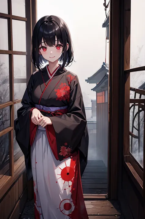 Girl, Japanese clothing, black hair, red eyes, smile, abandoned house, fog, late night, spooky, horror, strange