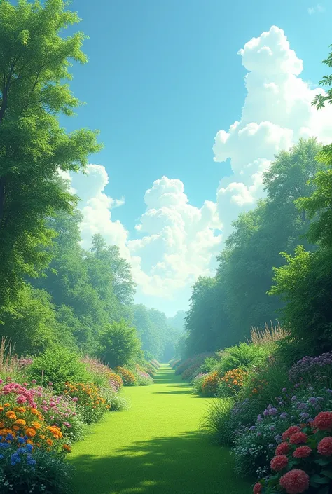 Make a garden scene with a fade to the sky that contrasts with the treeless sky