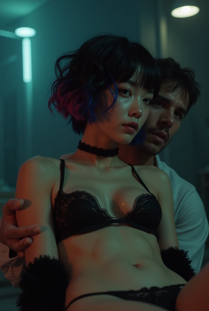 
David fincher lighting style realistic, Thailand ladyboy penis cock dick, half asian, near future, black curly hair, short angled bob haircut, straight hair bangs,the hair has blue hair streaks and pink hair streaks, flat chested , black thigh high socks,...