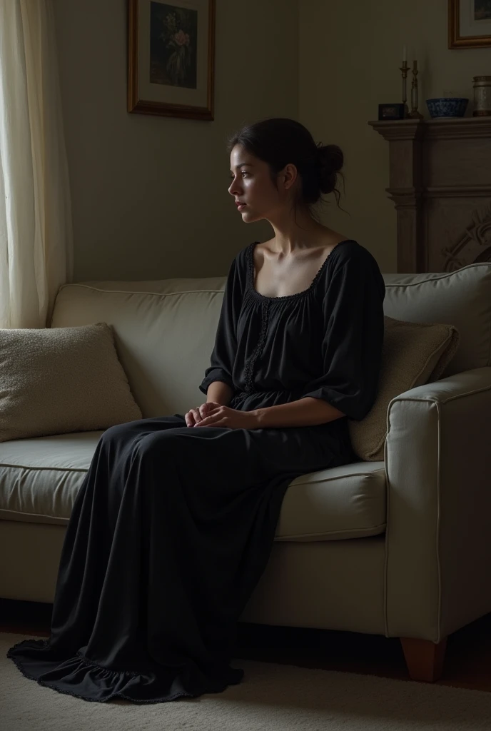 The wife is on the couch waiting for her husband to come home from work, wife wears a black nightgown