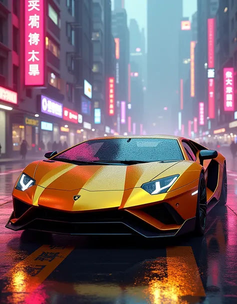 Golden Lamborghini futuristic hyper realistic cyberpunk neon pink city 