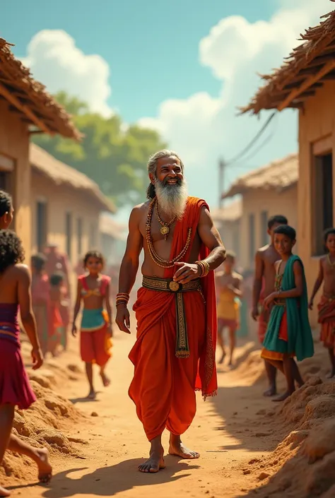 X 5. Village Transformation: Raj joyfully interacting with villagers as he uses his treasure to build a school and a well. The village scene is filled with happy faces, children playing, and new buildings being constructed.