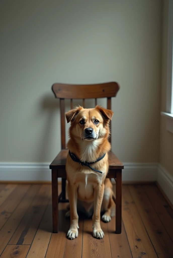 Take a picture of a dog tied to a chair