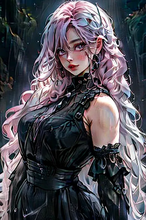 Perfect face. Perfect hands. A pink haired woman with violet eyes and an hourglass figure in a pretty ballgown is spinning her scythe in a creepy forest