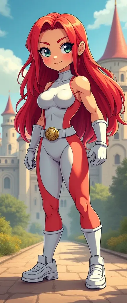 Create an image of a red haired power ranger muscle girl using white clothes, power rangers body suit white, chibi muscle girl, sunny castle,  chibi muscle defined legs, large hips, detailed, masterpiece, red tiny smile, anime style,