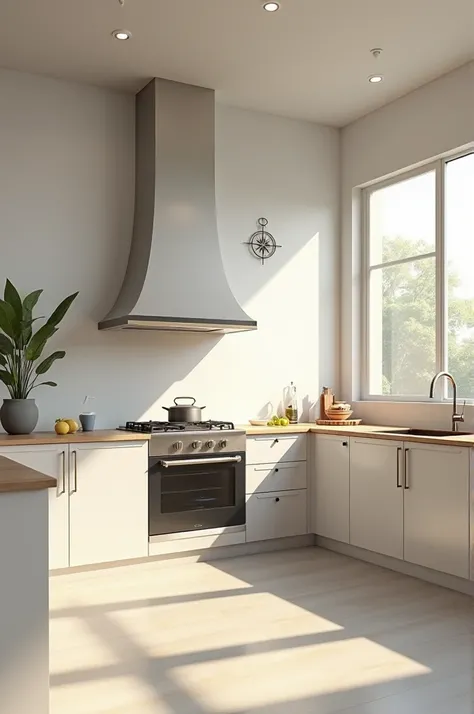 Create a 3d image of kitchen where the stove is placed in south east direction and there should be a compass in the top left or right corner of the image which shows the direction of the compass as south east direction where the stove is placed 