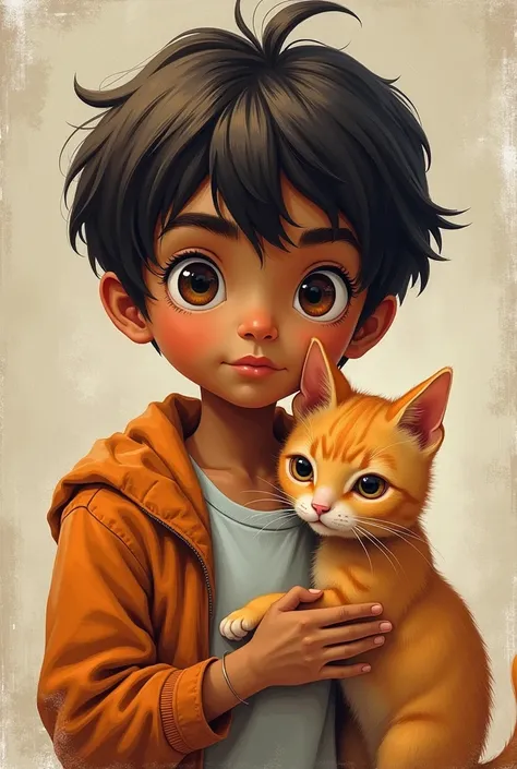 Create an oil painting where I appear with my cat. I am a  boy, moreno, with brown eyebrows, short hair with bangs down. My cat is orange and small. Remember that the photo must be like an oil painting where the brush strokes can be appreciated and please,...