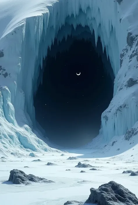 "A huge, ominous cave opening in the middle of Antarcticas icy plains, dark shadows contrasting against the bright, white snow, with jagged ice formations and a sense of something hidden deep inside."