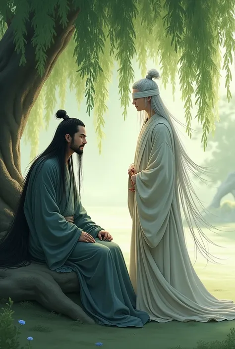 A man with long black hair, wearing an ancient Chinese robe, is sitting under a willow tree. There is a man with long white hair, about 20 years old, standing next to him, also wearing an ancient Chinese robe. The white-haired man has a white blindfold cov...