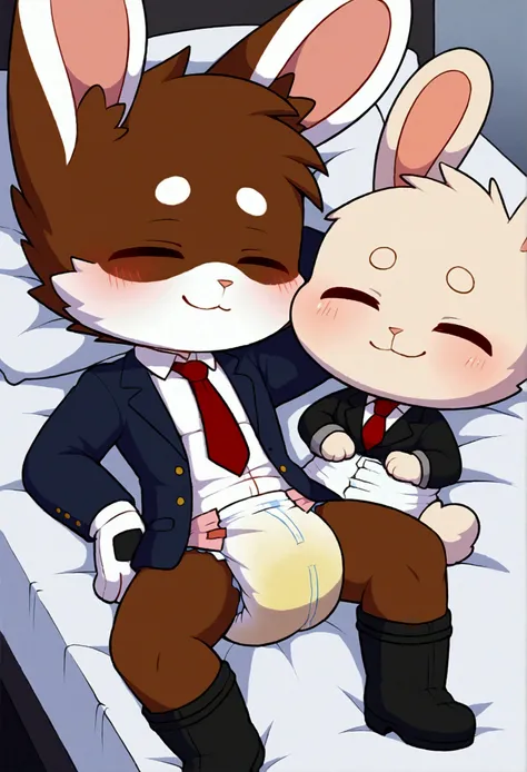 furry, bodyfur, boy, chibi, rabbit, blazer, shirt, tie, bottomless, smile, gloves, boots, diaper, sparkling eyes, bulge, peeing, blush, bed, lying, spread legs, sleeping