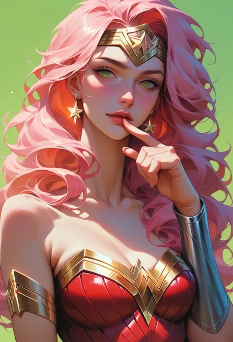 (Masterpiece, best quality:1.2), wonder woman, sexy, charming, alone, anime style, A girl with pink hair and light flower earrings points a finger at her mouth., In the style of a leading portrait painter, Yellow green background.