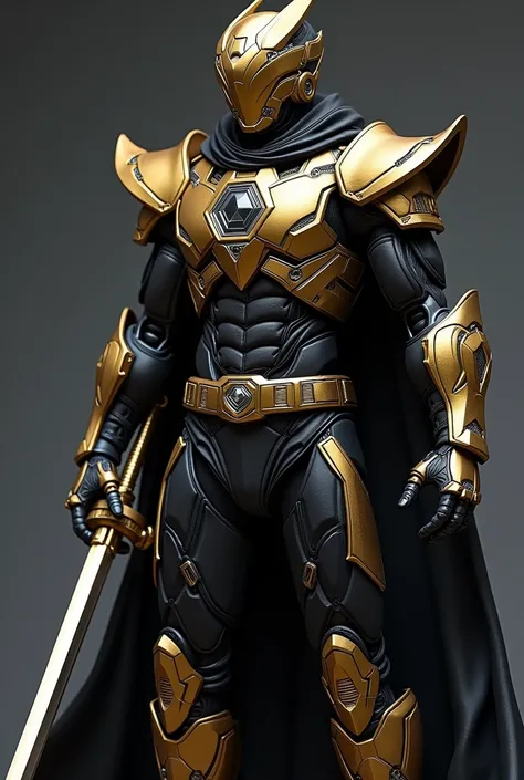 Creat the most powerful legendary black gold power ranger with brittle  cloak and have a hexagon crystal on the chest and the head is like the futuristic and robotics style and the body is also like it. it represents the protector of the whole world and th...