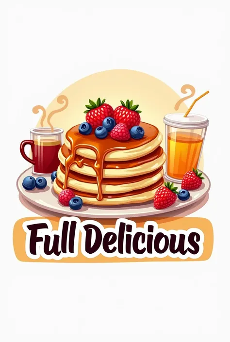 A logo that has pancakes and drinks and says Full Delicius