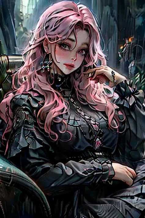 Perfect face. Perfect hands. A pink haired woman with violet eyes and an hourglass figure in a pretty ballgown is smiling while sitting underneath a tree in a creepy forest
