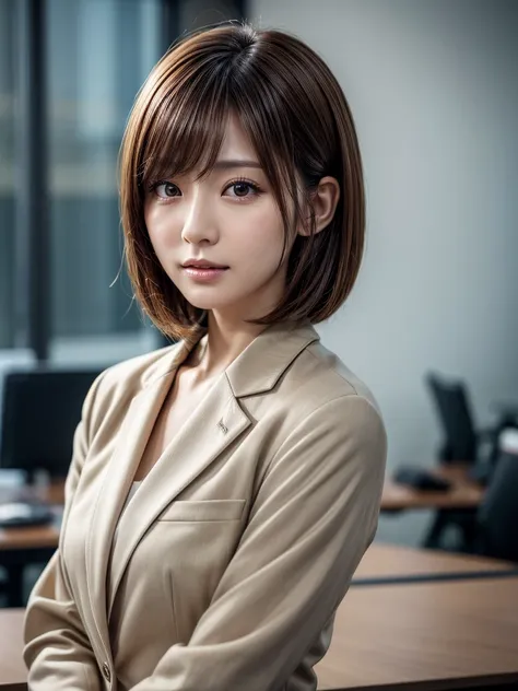 Highest quality, Realistic, Very detailed, finely, High resolution, 8k, Cinema Lighting, 1 person, Beautiful Japanese Women, 30 years old, light brown straight bob hair, Wear a business suit, (Blurred Background, office, noon, Light of the sun), Sharp focu...