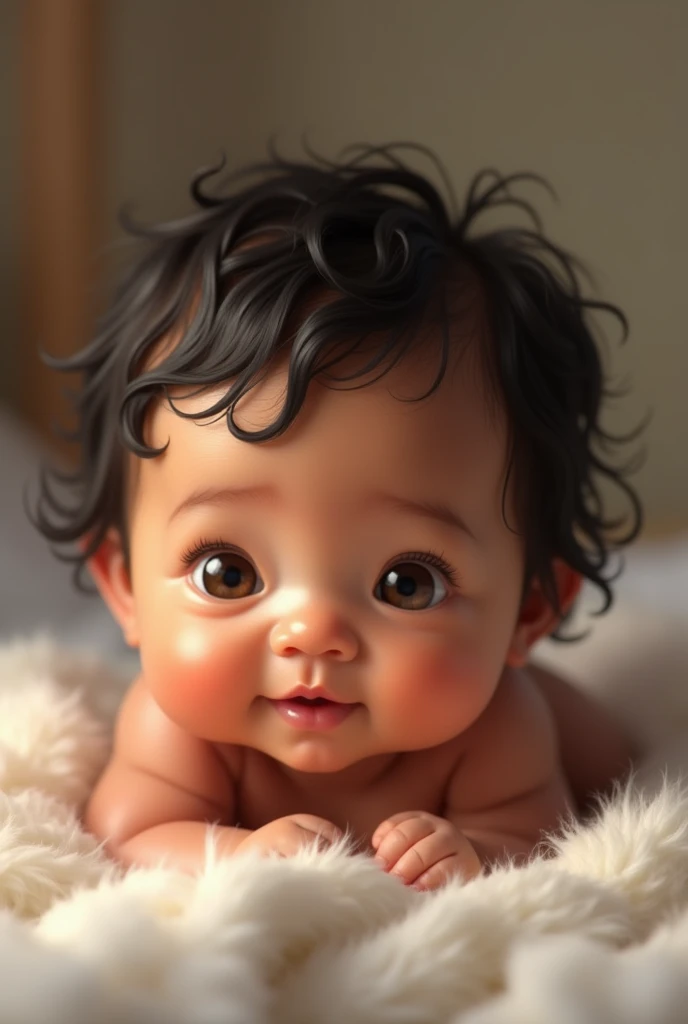 A 1 month old brown baby with wavy black hair, hazel eyes, small and chubby cheeks

