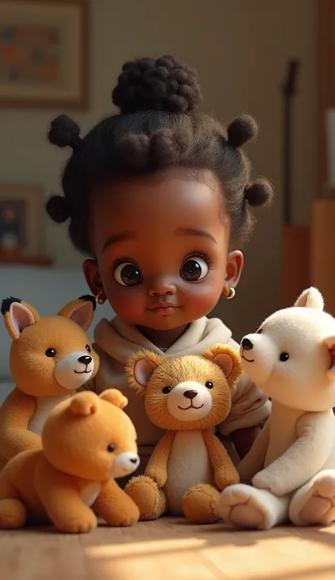 Create UHD photorealistic realistic photo, no animation, no 3d image, no pixar style animation, no extra fingers. 30-month-old Mandinka girl, surrounded by attentive toy animals. Captured with Leica Q2, 28mm f/1.7 lens, using warm, intimate lighting. Taken...