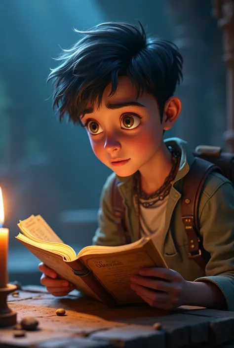 Generate 3d cinematic animated image of
A teen age boy reading the treasure map and ancient book with realization and understanding, surrounded by a mystical aura."