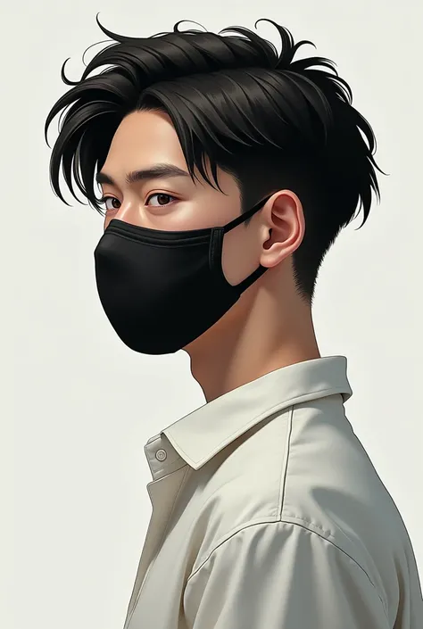 A young man of 20 years old, thin, looking to the side, very serious, wearing a white shirt and a black face mask, with side-swept hair, looking in profile, does not slow down. 

