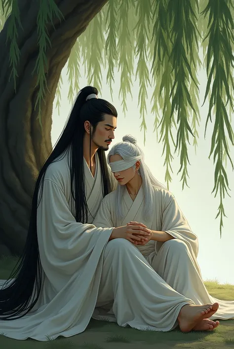 A man with long black hair, about 20 years old, wearing an ancient Chinese robe, is sitting under a willow tree. There is a man with long white hair, about 20 years old, sitting on the lap of the black-haired man, also wearing an ancient Chinese robe. The ...