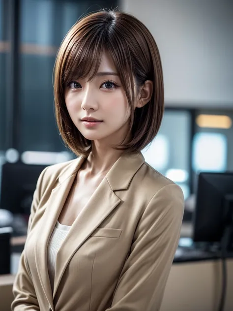 Highest quality, Realistic, Very detailed, finely, High resolution, 8k, Cinema Lighting, 1 person, Beautiful Japanese Women, 30 years old, light brown straight bob hair, Wear a business suit, (Blurred Background, office, noon, Light of the sun), Sharp focu...