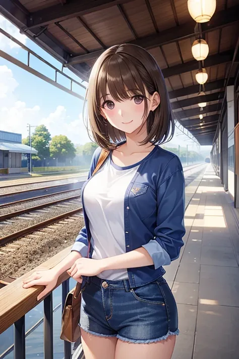 anegasaki nene、Shiny brown hair, short hair, (Beautiful brown eyes、Sparkling eyes, Fine grain)、smile、Ultra-detailed eyes、Very detailedな顔, Very detailedな目,Cowboy Shot、



Standing on the platform of the station、White T-shirt、Denim hot pants、With a smile tha...