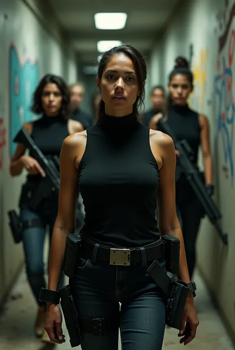 5 Heavily armed Venezuelan Women in Housing Projects hallways wearing black turtleneck sleeveless polo shirts and  Dark black jeans . 