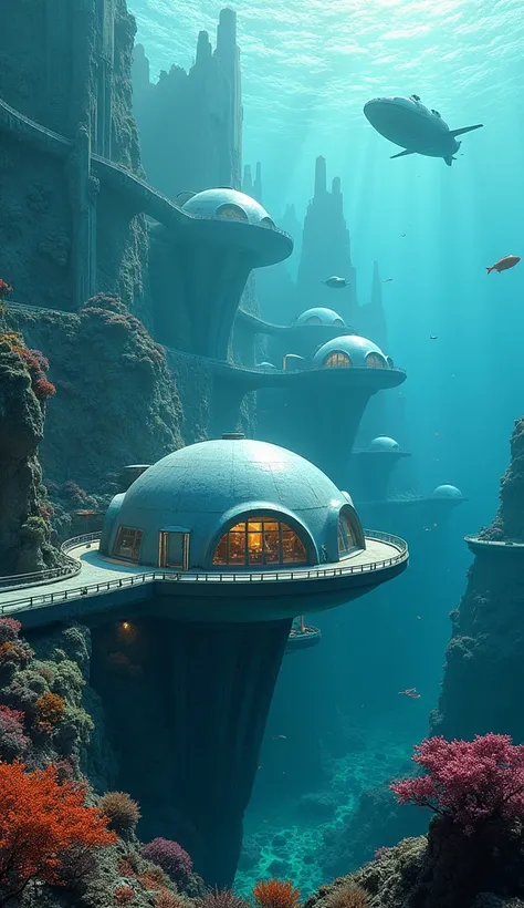 A futuristic underwater cityscape. There are several domed structures, some of which are elevated on pillars, while others are submerged. These domes have transparent roofs, allowing a view of the interior. There are also elongated platforms and bridges co...