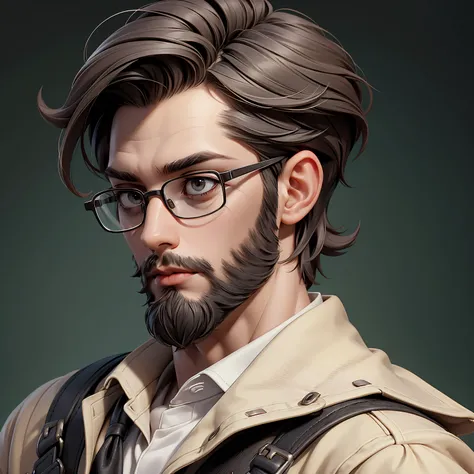 (((masterpiece, best quality, 16k))) A close-up of a slim man with short grayish-brown hair and a short beard. He wears black, slightly square-framed glasses and has greenish eyes. The man is holding a digital pen, and the image focuses on his upper body, ...